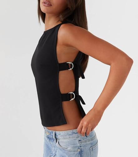 Giraropa Women Buckle Tank Top Y2k Slim Fit Crop Tops Sexy Sleeveless Round Neck Hollow Out Shirt Rave Outfits2