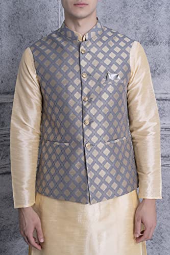 Image of Ethluxis Men's Silk Blend Navy Kurta Pyjama Set with Bundi Nehru Jacket Waistcoat