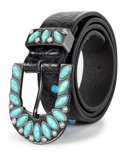 Turquoise-Belt Western-Cowboy-Belt for Women - Vintage Floral Cowgirl-Strap with Turquoise-Buckle for 28-38''waist