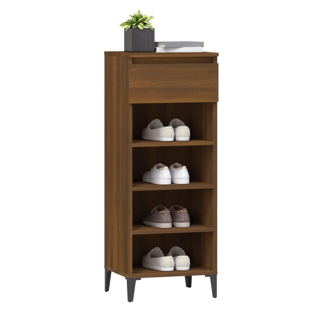 Regał na buty, brązowy, wygląd dębu, materiał drewnopochodny z metalowymi nóżkami, 40 x 36 x 105 cm, szafka na buty z szufladą i 3 półkami, do korytarza, przedpokoju, sypialni, porządek i