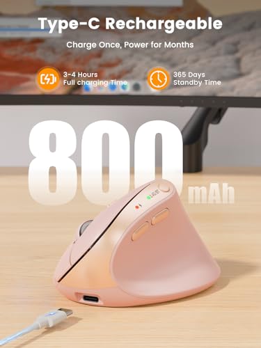 Image of SABLUTE Ergonomic Mouse, Rechargeable Wireless Vertical Mouse with 4 Adjustable DPI Options, Dual-Device Connectvity for Computer /PC /Laptop,Bluetooth Mouse for Window,Mac OS,Pink