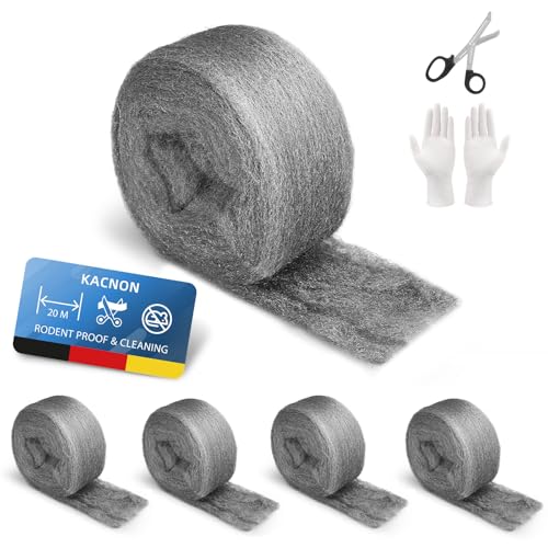 KACNON 0000 Lana de Acero, 5 Rollos 20M de Lana de Alambre, con Guantes y Tijeras, Lana de Acero Inoxidable Fina Contra Roedores, Lana de Acero Para Abrillantar, Lana de Acero Contra Ratones Limpias