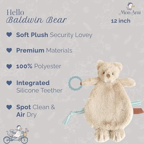 Image of MON AMI Baldwin Bear Security Blanket with Silicone Teether | 12-Inch Plush Lovey for Babies | Soothing Sensory Snuggle Toy | Perfect Newborn Essential for Birthdays & Baby Showers