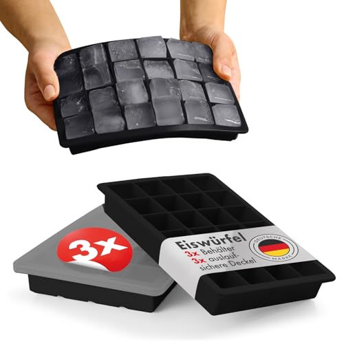 Blumtal Eiswürfelformen Silikon 3er Set - 24er Eiswürfelform mit Deckel - BPA-freie Silikon Eiswürfelformen - Ice Cube Tray lebensmittelecht - Ice Tray - Schwarz