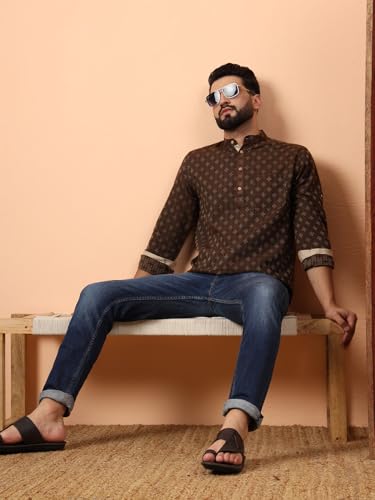 Image of LATEST CHIKAN Men's Cotton Regular Self Design Short Kurta Full Sleeves - Casual Ethnic Wear