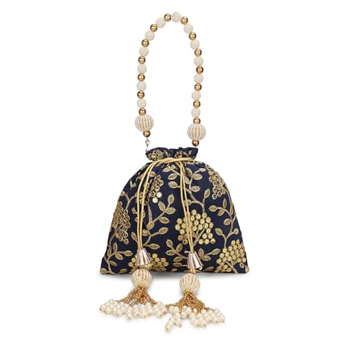 Image of LONGING TO BUY Indian Embroidered Pearl Potli Bag For Women, Sequence Design with Tassel, Wedding Potli Bags