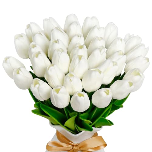 VIKINGS PANDA 36 unidades de 33 cm de flores artísticas de tulipanes en MatéRiau Pu flores artificiales como decoración real para el hogar para bodas, fiestas, hogar, oficina, 36, color blanco