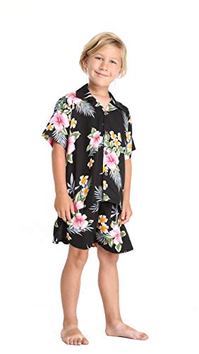 Image of Family Matching Hawaiian Clothes, Hibiscus Black | Black Hibiscus Print • Soft Rayon Fabric • Family Matching Outfits • Vacation Ready • Luau Party Wear
