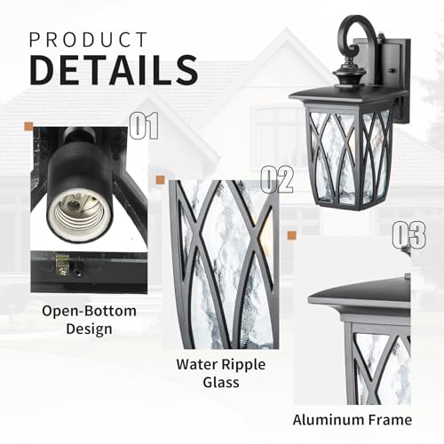 Image of Outdoor Porch Light Wall Mount,18'' Exterior Waterproof Wall Lighting Fixtures,Wall Sconce Light with E26 Socket & Water Ripple Glass Shades, Matte Black Outside Wall Lantern for Patio Front Door
