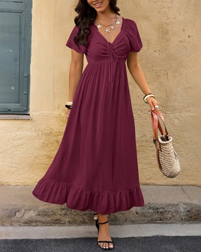 Image of BTFBM Womens Summer Dresses 2026 Casual Short Sleeve V Neck Drawstring Wedding Guest Maxi Dresses Boho Beach Long Dress