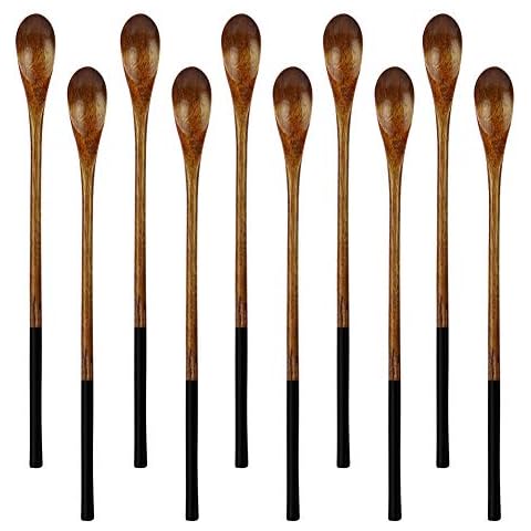 Wooden Long Tea Spoons, AOOSY 9.13 inches 10 Pieces 100% Natural Wood Long Handle Drink Spoons Cocktail Stirrer Swizzle Sticks Cover