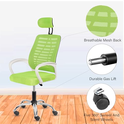 Image of Casa Copenhagen,Mesh Office Desk Chair,Rocking Ergonomic Computer Chair Adjustable High with Headrest and Comfortable Armrest Swivel - Indi Green & White Handle