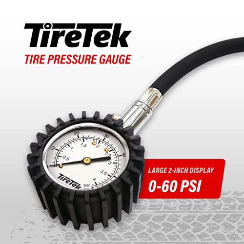 TireTek Analog Tyre Pressure Gauge (0-60 PSI/ 4 Bar) - Accurate Tire Pressure Gauge with 360° Rotating Head Heavy Duty for Cars, SUV & Bikes includes Flexible Air Hose, Straight & Right-Angled Chucks