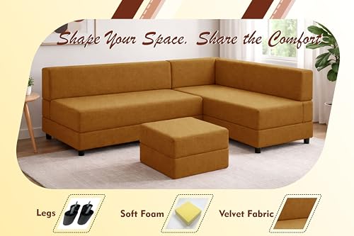 Image of Leg Sofa Cum Bed with Ottoman | Jute Fabric | Multipurpose Folding 3 Seater Sofa Bed 5x6 Ft for Living Room | Space Saving Furniture | Modern Design - Golden
