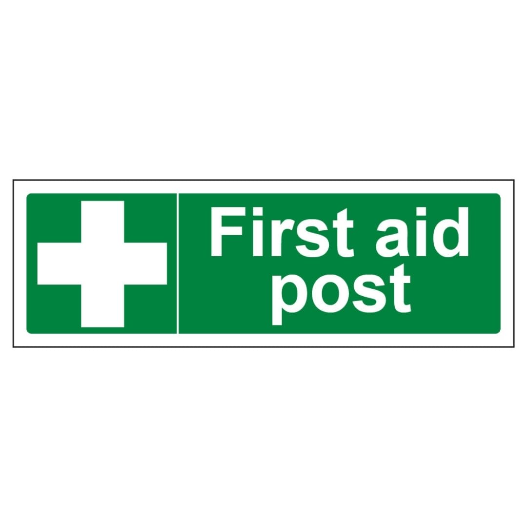 V Safety First Aid Post - Landscape 300 x 100 mm - 2mm Super-Tough Rigid Plastic Safety Sign