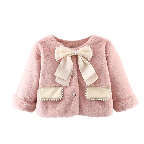 Cute Collarless Fuzzy Coats for Girl Long Sleeve Bow Embellished Jacket Button Down Winter Jackets with Side Pocket