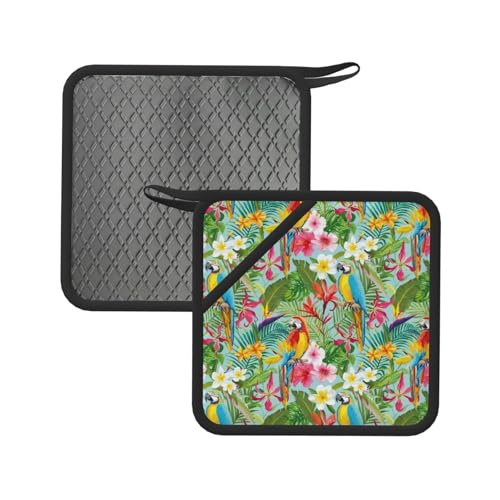 Soportes para ollas para cocina, coloridos loros, flores, plantas, resistentes al calor, almohadillas calientes para horno, agarraderas para decoración de cocina, hornear, cocinar con lazo para colgar