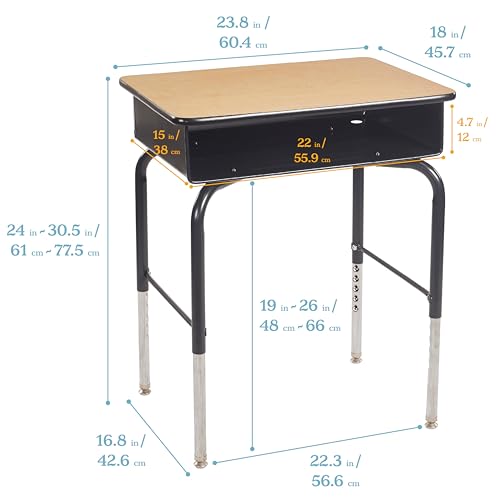 Image of ECR4Kids Open Front Desk with Metal Storage Book Box, Adjustable, Classroom Furniture, Maple /Black