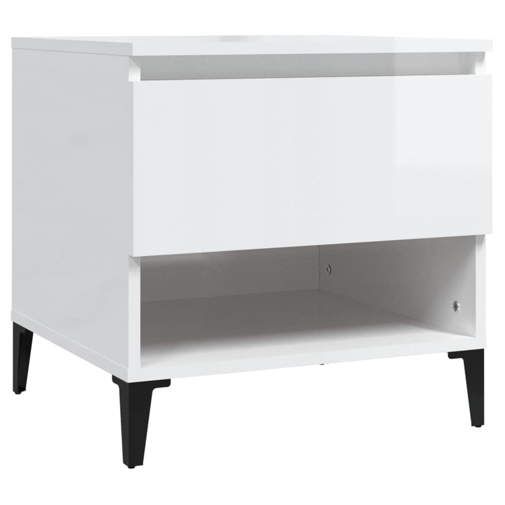 Stoliki pomocnicze 2 szt. biały wysoki połysk 50 x 46 x 50 cm materiał drewnopochodny z szufladą i półką do przechowywania, przemysłowy stolik kawowy z metalowymi nóżkami i uchwytem ściennym