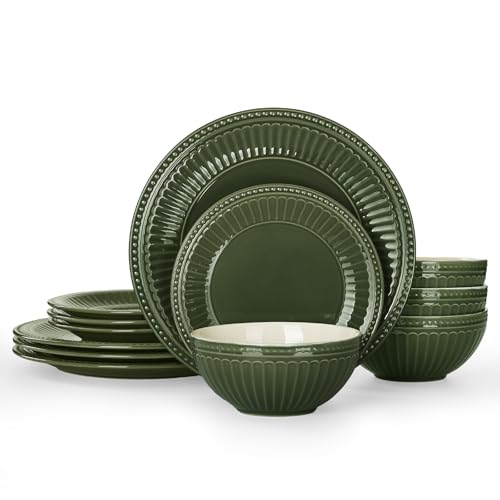Image of Famiware Garden 12-Piece Embossed Plates and Bowls Sets, Stoneware Reactive Glaze Dishes Dinnerware Set, Modern Rustic, Chip & Scratch Resistant, Microwave & Dishwasher Safe, Service for 4, Dark Green