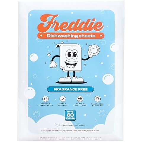 Freddie Dishwashing Sheets - Fragrance Free Unscented - 60 Loads (30 Sheets) - Concentrated Eco Friendly Liquid-less Strips for Dishwasher Cover
