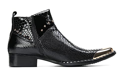 Santimon Men Chelsea Boots Casual Dress Ankle Boots Handmade Genuine Leather Western Boot Metal Square Toe Zipper Snake Print Party Wedding Disco Singer Cowboy Boots for Men3