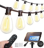 Tenmiro 120FT Solar Outdoor String Lights with Remote and 32+2 LED Shatterproof Bulbs Dimmable & Timing 3 Light Modes Solar Patio String Lights for Cafe, Garden, Deck, Outside Wedding Last for 10+Hrs