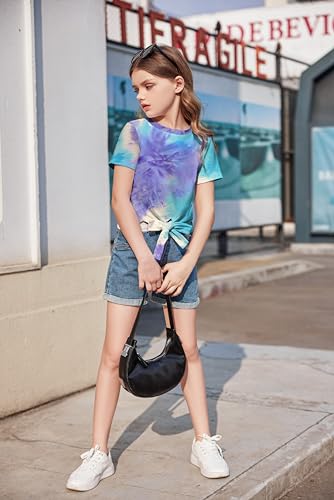 Image of Arshiner Girls Short Sleeve Shirts Tie Knot Front Tops T Shirts for Kids Crewneck Cute Casual Tie Dye Tee Blouse