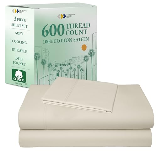 California Design Den Luxury Twin Sheet Set - 100% Cotton, 600 Thread Count Deep Pocket Twin Sheets, Soft Hotel-Quality Bedding with Sateen Weave - Ivory (Creamy Beige Tone)