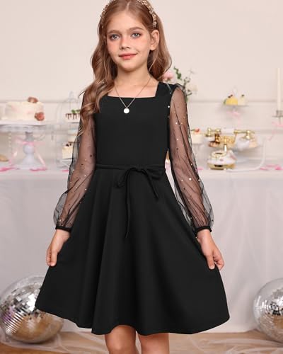 GRACE KARIN Girls Long Sleeve Dress Party Formal Contrast Mesh Puff High Waist Tie Square Neck 6-12 Years3