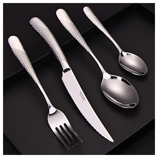 DAFFODILY | Juego de cubiertos de lujo, 16 piezas cucharas cuchillos y tenedores cubiertos dorados | Servicio de vajilla de cubiertos acero inoxidable martillado 18/10 (Plata 16 piezas Caja de regal)