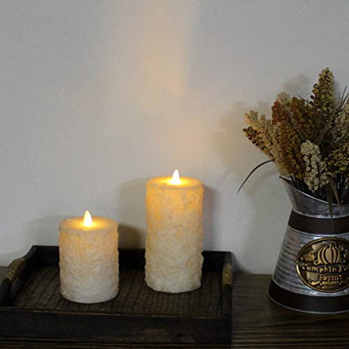Image of CVHOMEDECO Rustic Textured LED Pillar Candles, Ivory, Set of 2 | Flameless Battery Operated, Timer and Remote Control, Farmhouse Real Wax, Flickering Dancing Flame, H 6 & 4 Inch