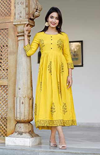 Image of TARANJAL Women's Rayon Anarkali Hand Block Printed Kurti
