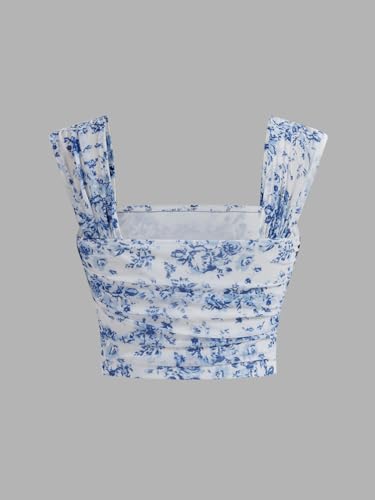 SHENHE Women's Floral Tank Top Ruched Square Neck Open Back Cute Fairy Crop Tops2