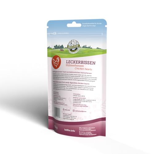 Bellfor Leckerbissen für Hunde Hühnerherzen Hundefutter - 50 g. Gefriergetrockneter Hundesnack. Getreidefreies Hundeleckerli, proteinreich und leicht verdaulich, ohne künstliche Zusätze.