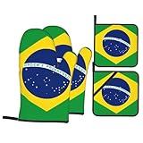 YYHWHJDE 4-teiliges Set mit brasilianischer Flagge, isolierter Ofenhandschuh und Topflappen, Verbrühungsschutz und Wärmeisolierung