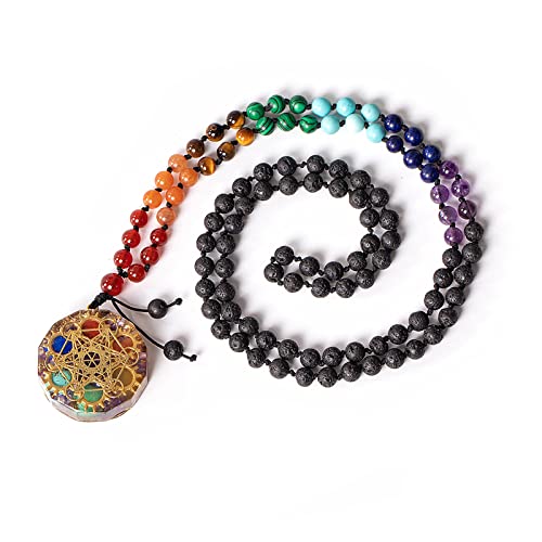 Metatron Cube Orgonite Pendant With 7 Chakra Gemstones - 108 Mala Necklace For Reiki Healing With Lava Rock Beads Gear Necklace For Mother'S Day Gift