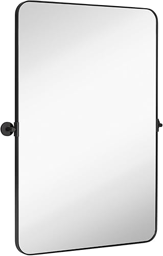 Hamilton Hills Espejo con marco de metal negro cepillado de 24 x 36 pulgadas  Espejos pivotantes para baños  Marco rectangular de esquina redondeada
