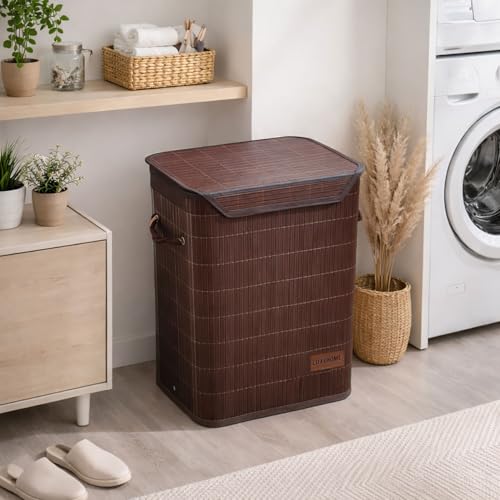 Image of Luxe Home Laundry Basket for Clothes, Premium Bamboo Big Storage Bag with Lid and Side Handle Multipurpose Used In Laundry Rooms, Bedrooms, Bathrooms (40x30x50 cm, Brown)