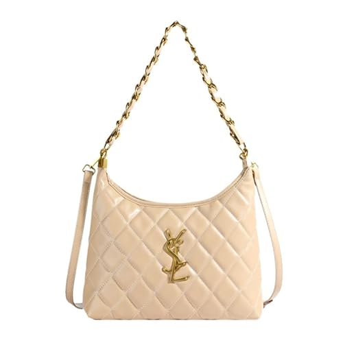 Quilted PU Leather Shoulder Bag with Chain Strap, Brown, Diamond Pattern, Gold Hardware, Fashion Underarm Purse