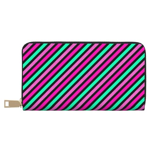 Leather Thin Slim Wallets for Women Men - Fashion Neon Diagonal Stripe Print Card Wallet Holder with Zipper
