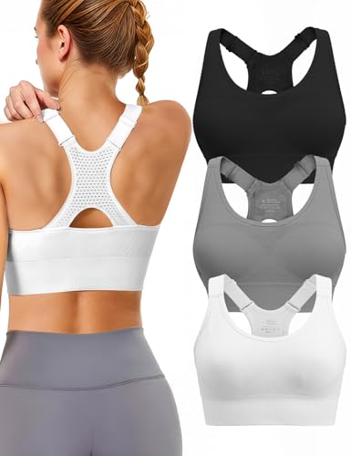 Sports Bras for Women High Support: Adjustable Strap 3 Pack High Impact Plus Size Supportive Padded Racerback Push up Sport Bra Multipack with Sewn in Pads for Large Bust Workout Running Gym Yoga