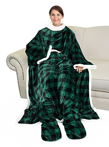 Image of Catalonia Sherpa Wearable Blanket with Sleeves & Foot Pockets for Adult Women Men, Comfy Snuggle Wrap Sleeved Throw Blanket Robe, Gift Idea, Plaid