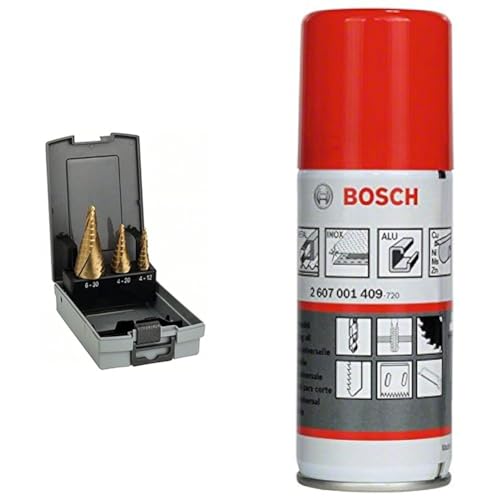 Fraises étagées Bosch HSS-TiN et huile de coupe pour perçage métal