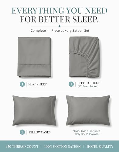 Image of 450TC 100% Cotton Queen Bed Sheets - Silky Smooth Sateen Weave, Paloma