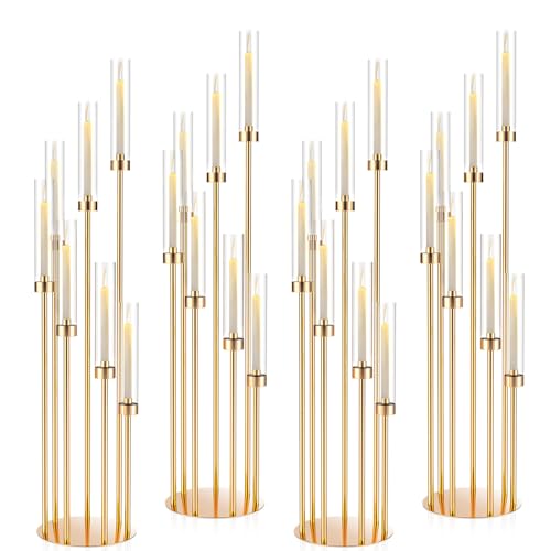 mopam 7 Arms Floor Candelabra 46.5'' Floor Candle Holders for Wedding 4pcs Gold Candle Sticks Holder Decor Tall Metal Candlestick Set with Acrylic Lampshades for Home Christmas Party (Round)