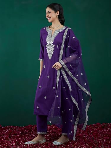 Image of INDO ERA Women's Embroidered Silk Blend Calf Length Straight Kurta Trouser With Dupatta Set
