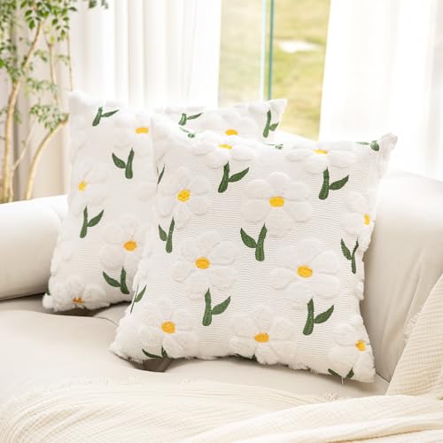 KIDHABE Spring Summer Pillow Covers 18x18 inch Set of 2, White Daisy Floral Sunflower Pillow Cases, Soft Plush Faux Fur Jacquard Throw Pillows for Sofa Couch Holiday Spring Home Decor