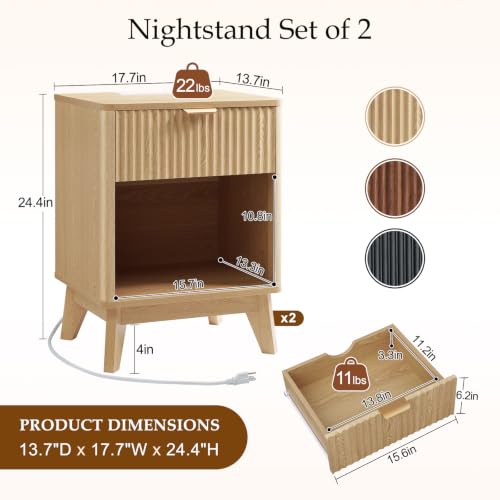 Image of LYNCOHOME 17.7 inch Tall Nightstand with Charging Station,Set of 2, Light Oak