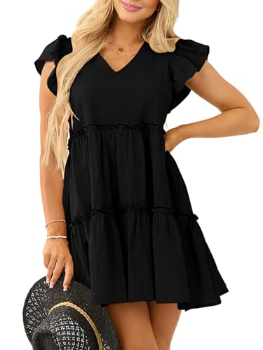 Women’s Summer Babydoll Mini Dress V Neck Tie Back Ruffle Sleeve Casual Tiered Loose Flowy Swing Tunic Shift Dress